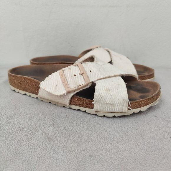 Birkenstock‎ Sienna Canvas Slide Sandals 39 Womens 8 White Fabric Buckle Summer - Picture 1 of 8